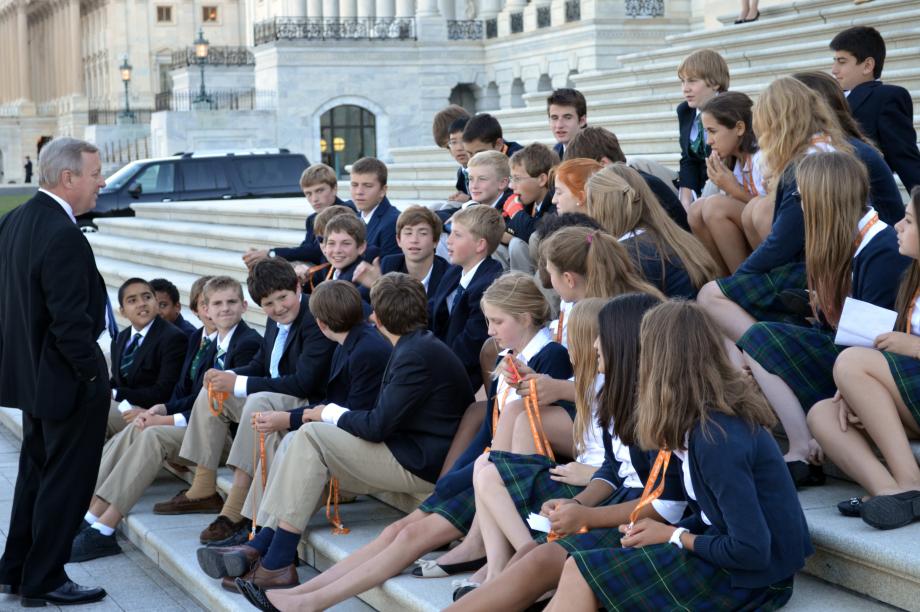 U.S. Senator Dick Durbin met on the steps of the Capitol with 8th grade students from Lake Forest Country Day School in Lake Forest, Illinois.